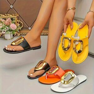 Metallic Buckle Slide Sandals – Lightweight Summer Clip Toe Flats